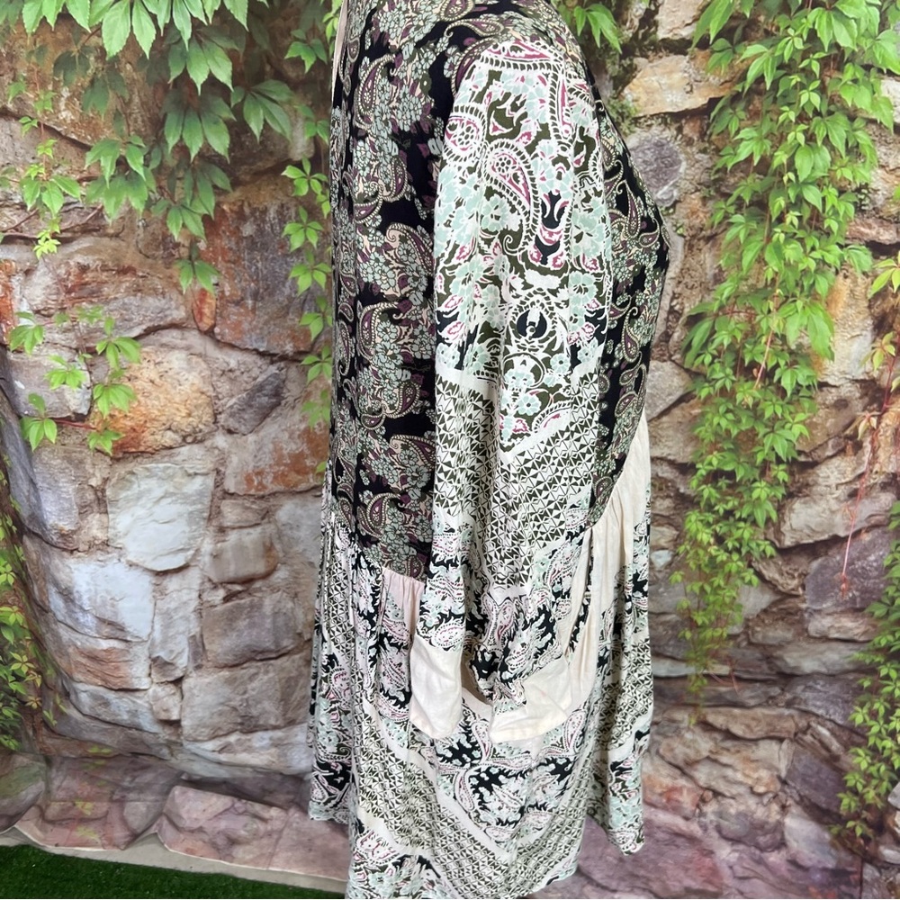 FREE PEOPLE Black, Cream, and Purple Paisley Boho Deep V-Neck Paisley Dress, S - Picture 8 of 12